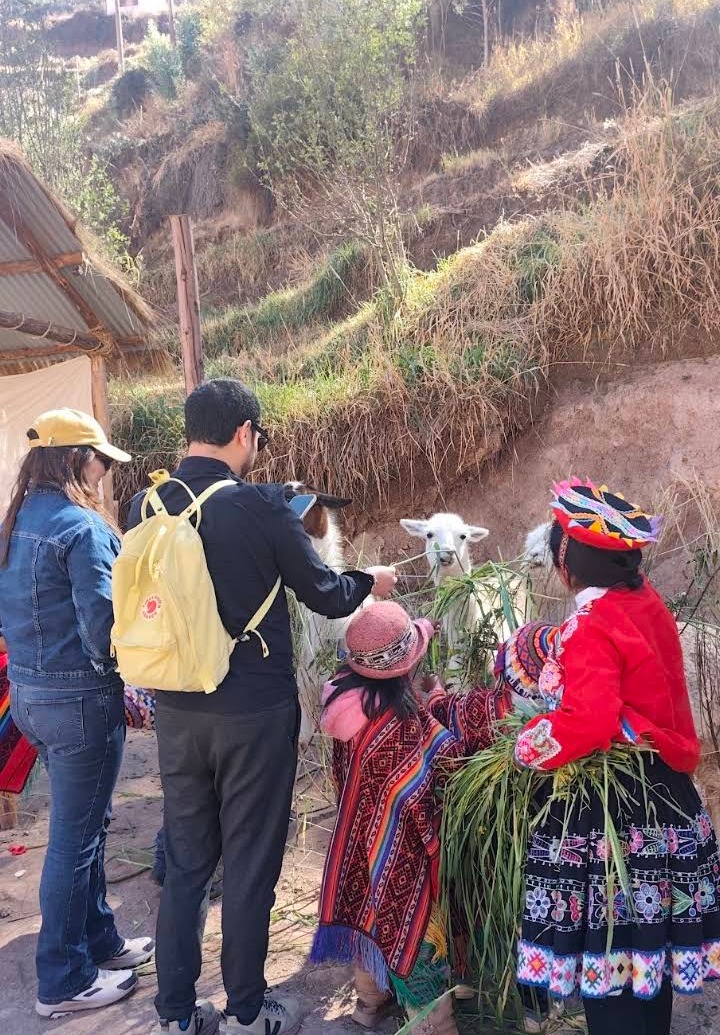 Viajeros alimentando llamas junto a la comunidad